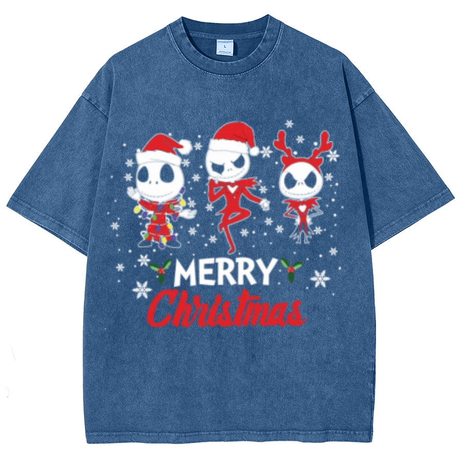 Muchic Merry Christmas Unisex Oversized Print Vintage Wash Denim T-Shirt