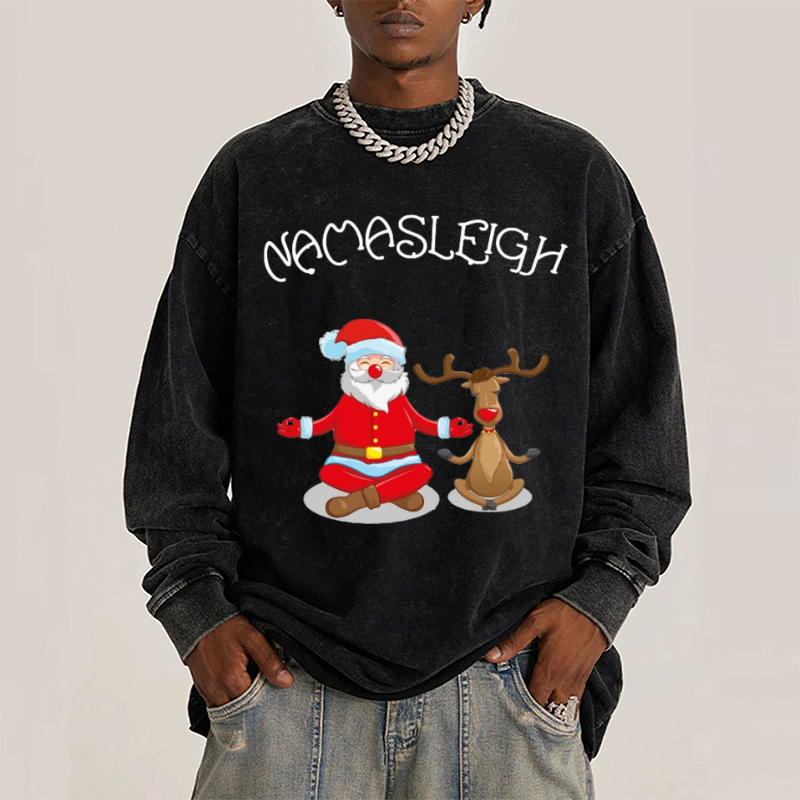 Muchic Nama Sleigh Unisex Casual Washed Printed Round Neck Long Sleeve T-shirt