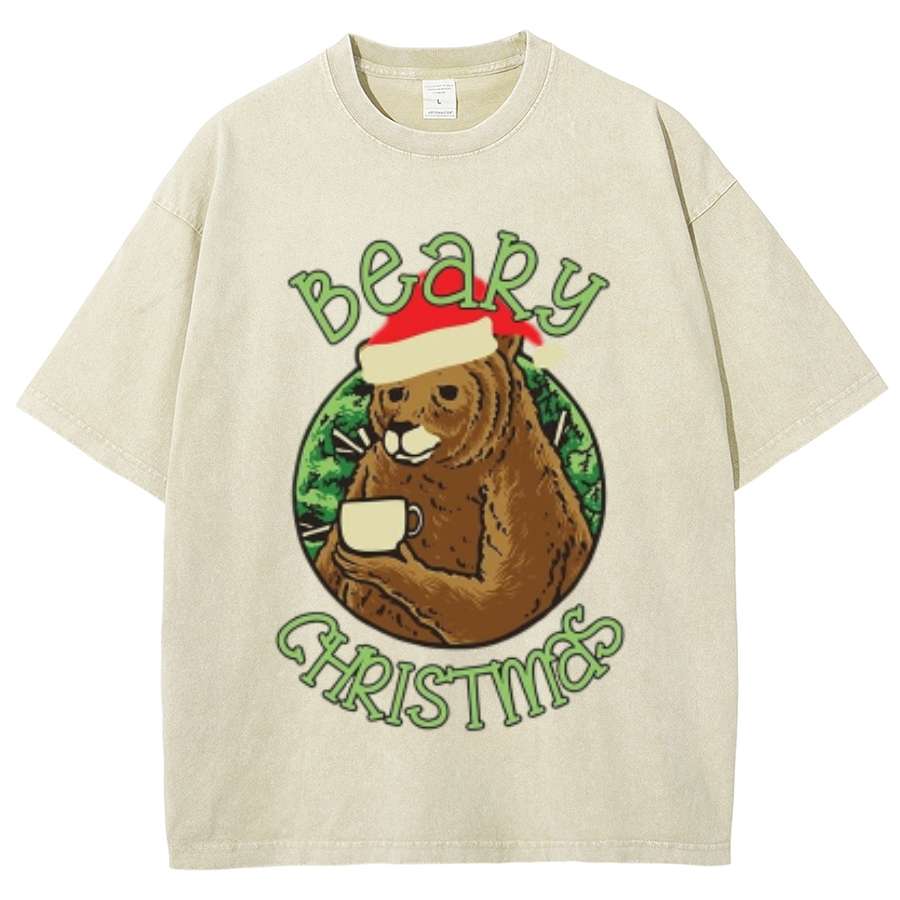 Muchic Beary Christmas Unisex Oversized Print Vintage Wash Denim T-Shirt