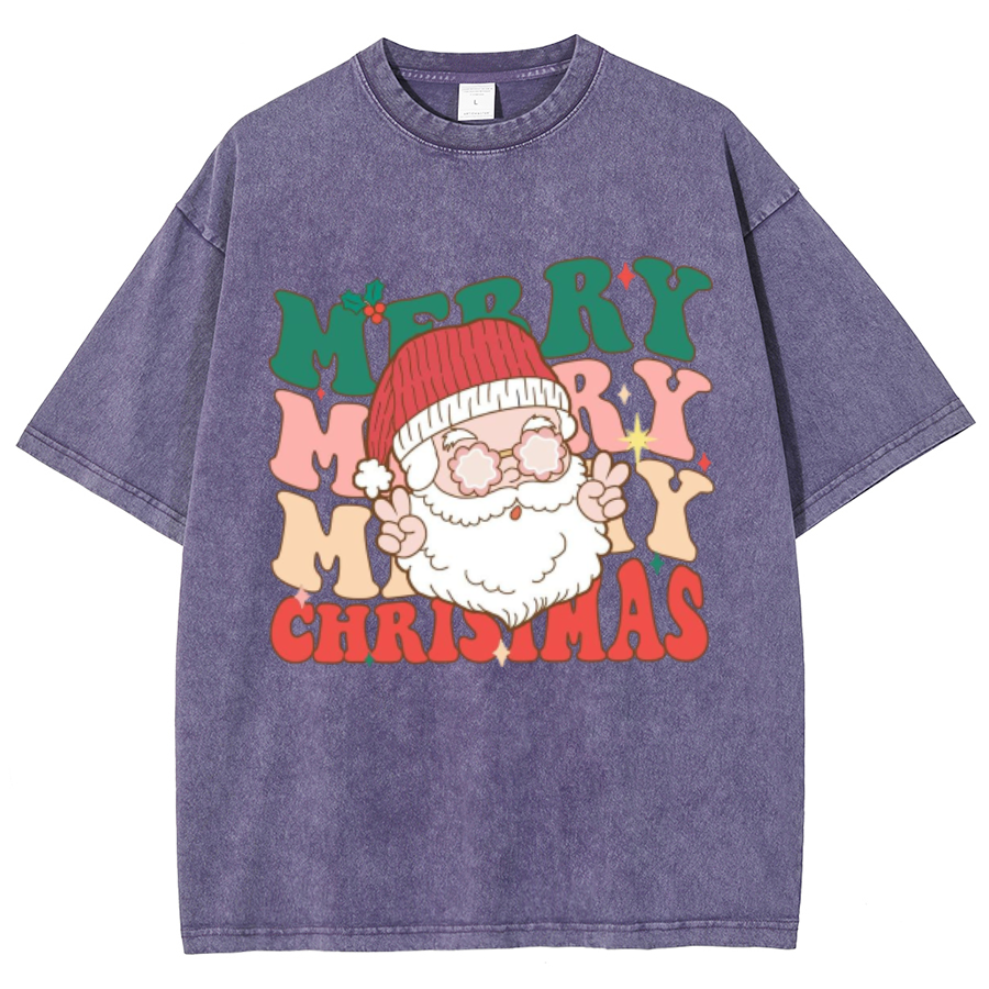 Muchic Merry Christmas Unisex Oversized Print Vintage Wash Denim T-Shirt