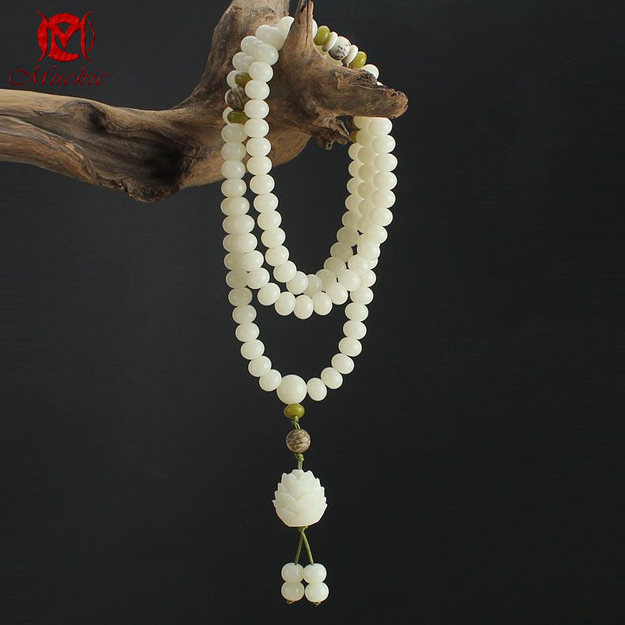 Natural white jade bodhi root bracelet luck buddhist beads rosary men and women(duty free)