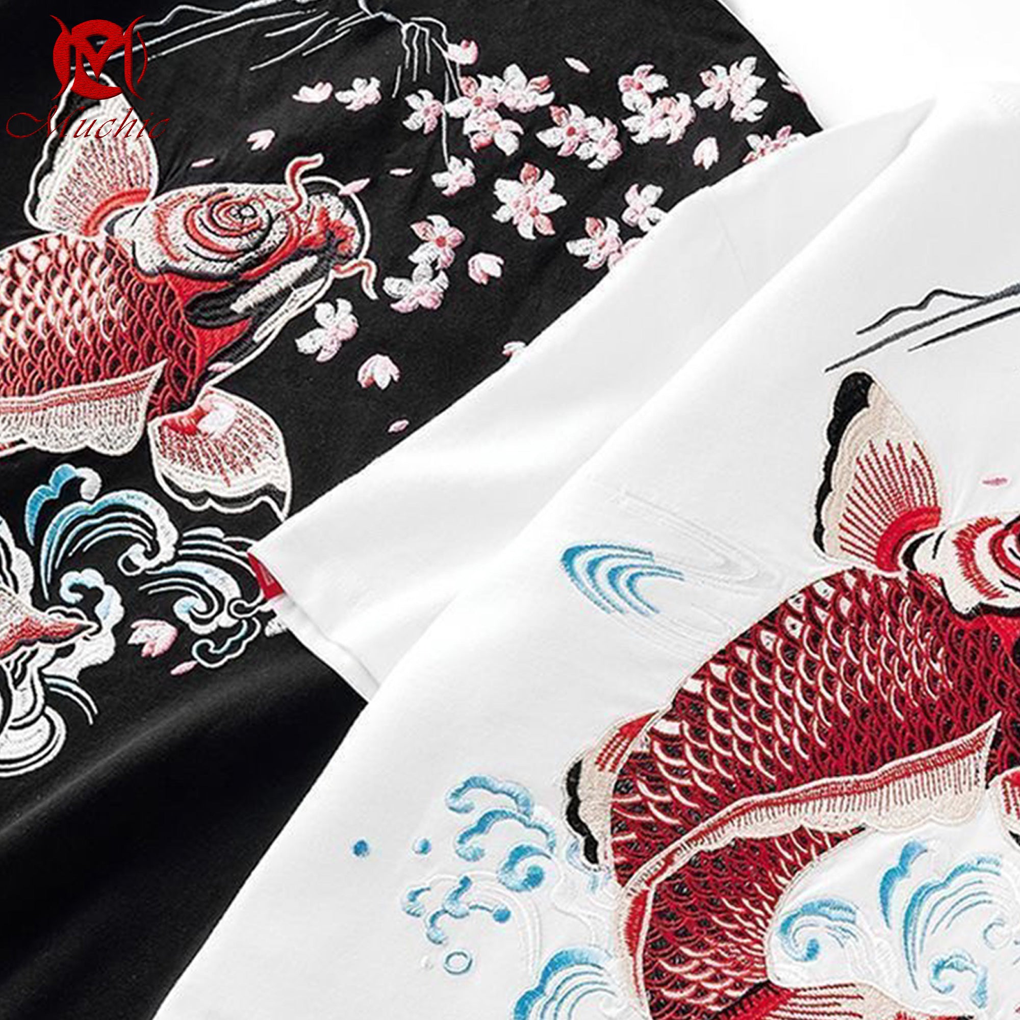Unisex Intangible Cultural Heritage Goldfish and Cherry Blossom Embroidered T-shirt (Hand-embroidered) (Duty Free)