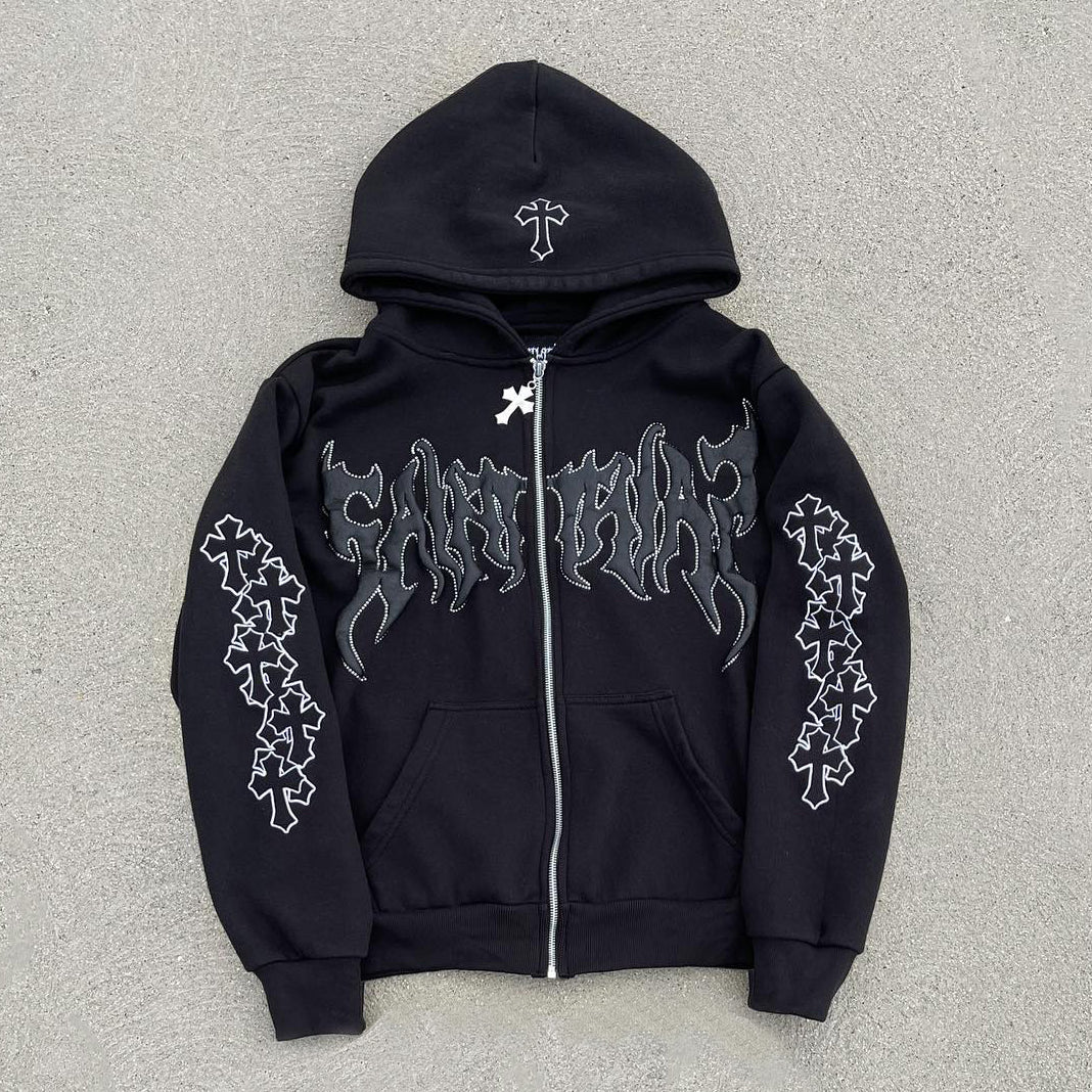 Muchic Casual Character Printed Cross Zip Hoodie