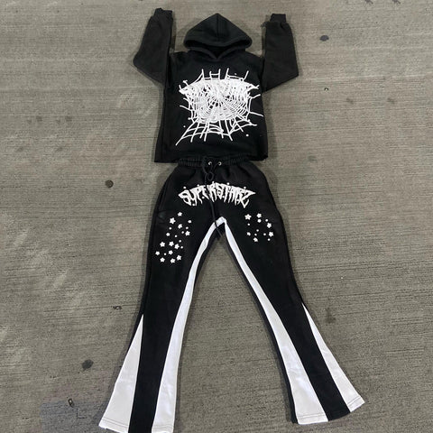 Muchic Alphabet Spider Web Print Hoodie Sweatpants Two Piece Set