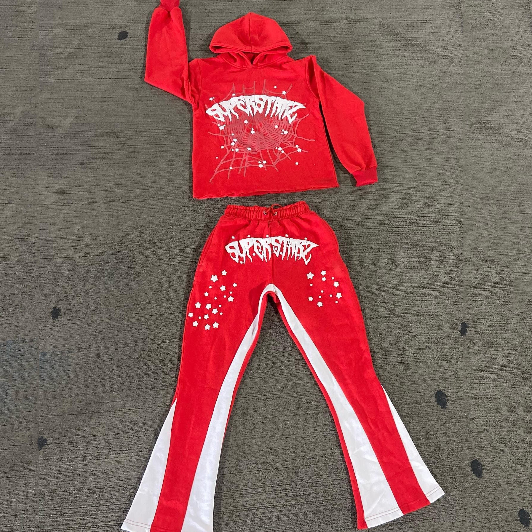 Muchic Alphabet Spider Web Print Hoodie Sweatpants Two Piece Set