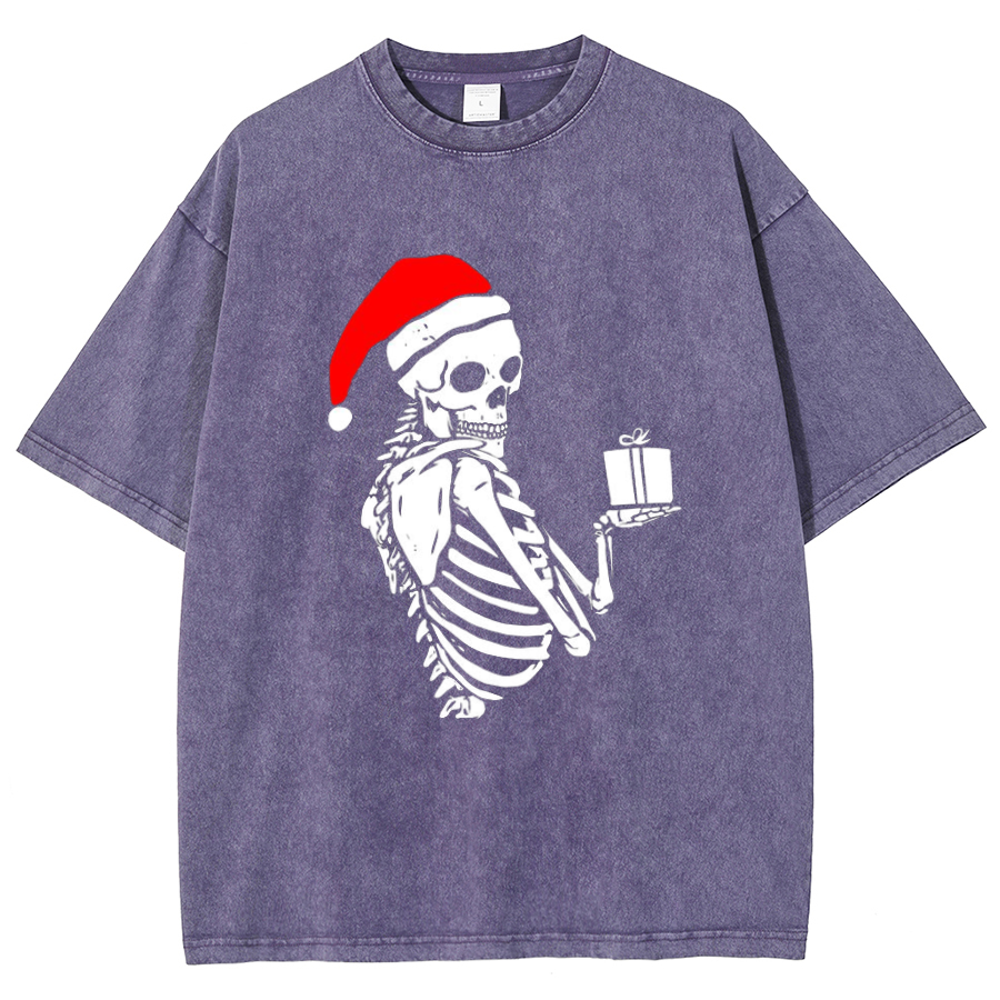 Muchic Christmas Skeleton Unisex Oversized Print Vintage Wash Denim T-Shirt