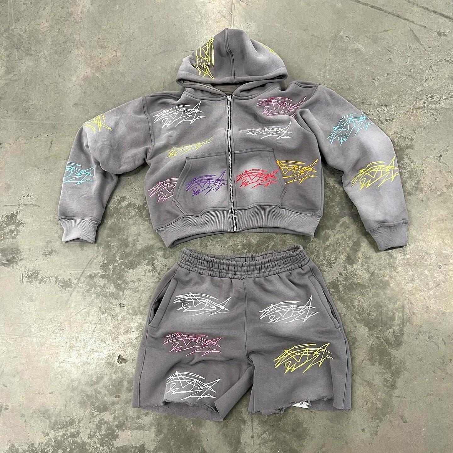 Muchic Graffiti Hoodie Shorts Two-Piece Set