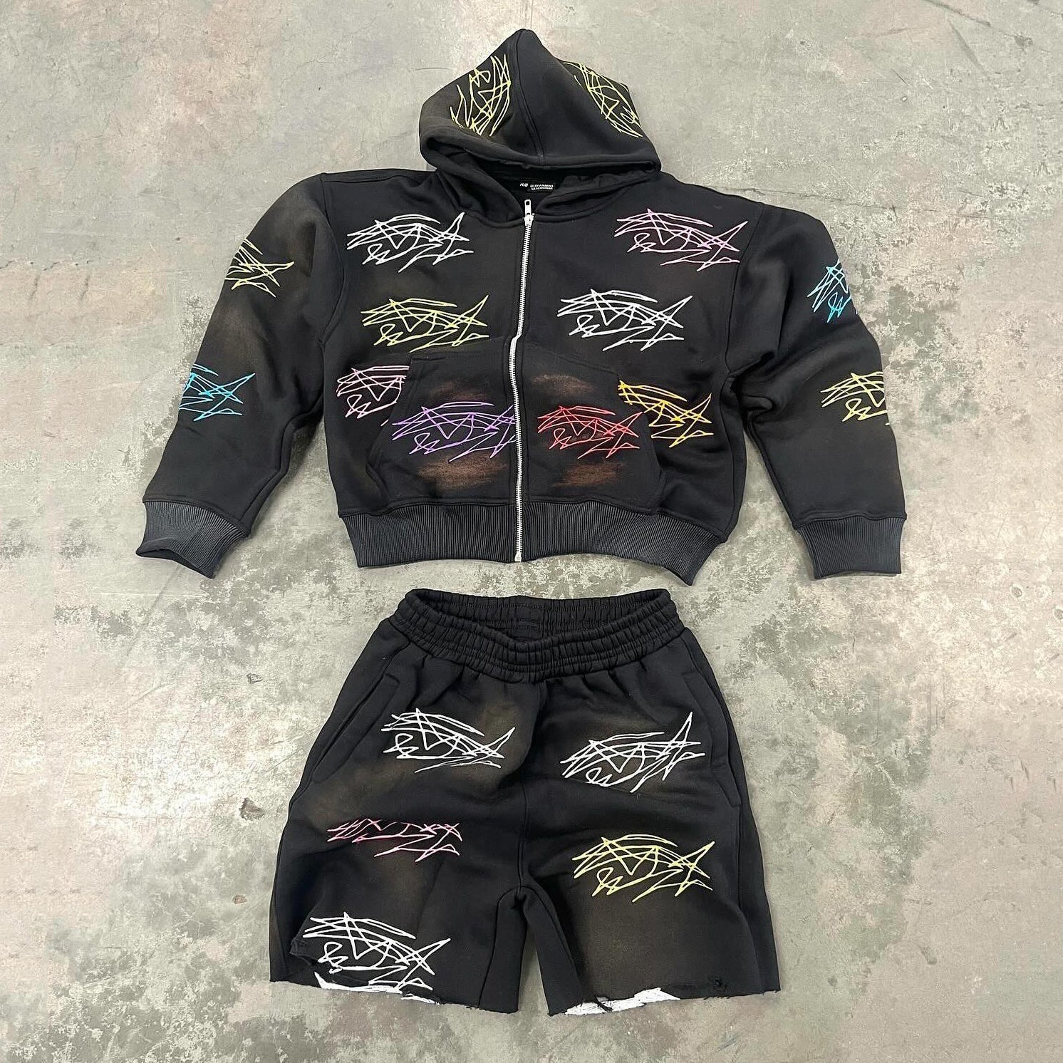 Muchic Graffiti Hoodie Shorts Two-Piece Set