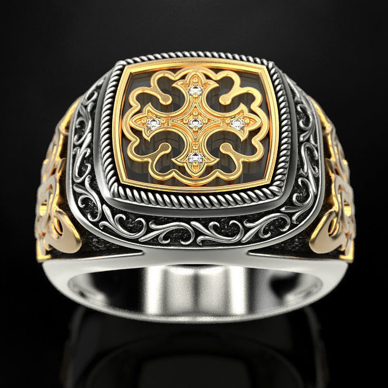Bold Vintage Signet Ring – Engraved Gold & Black Steel