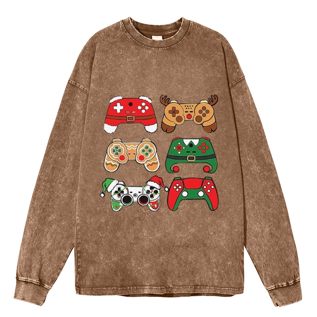 Muchic Game Christmas Unisex Casual Washed Printed Round Neck Long Sleeve T-shirt