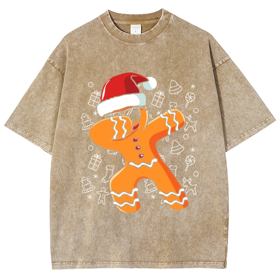 Muchic Gingerbread Man Unisex Oversized Print Vintage Wash Denim T-Shirt