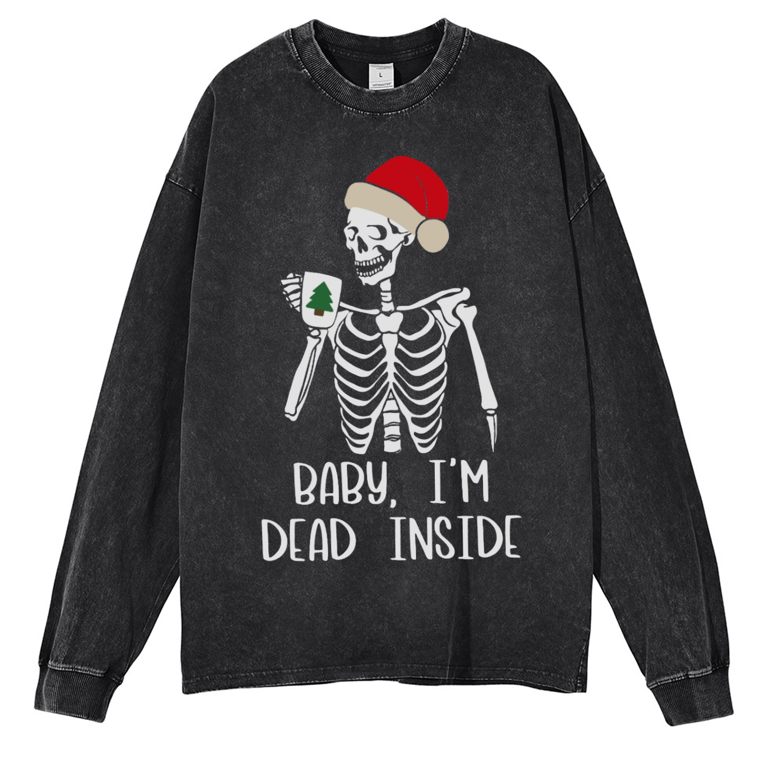 Muchic Dead Inside Unisex Casual Washed Printed Round Neck Long Sleeve T-shirt