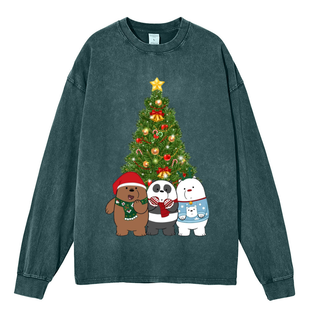 Muchic Bear Christmas Unisex Casual Washed Printed Round Neck Long Sleeve T-shirt