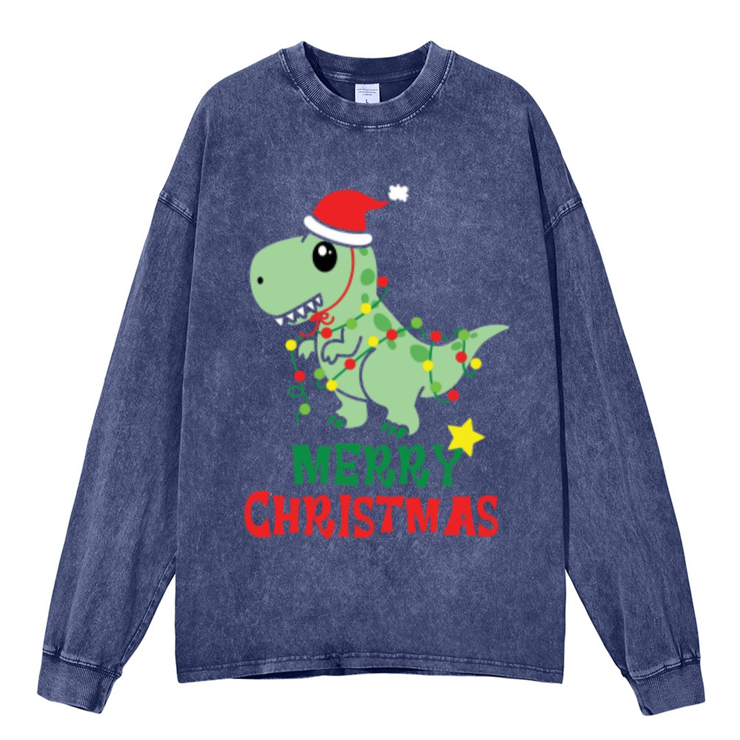 Muchic Merry Christmas Unisex Casual Washed Printed Round Neck Long Sleeve T-shirt