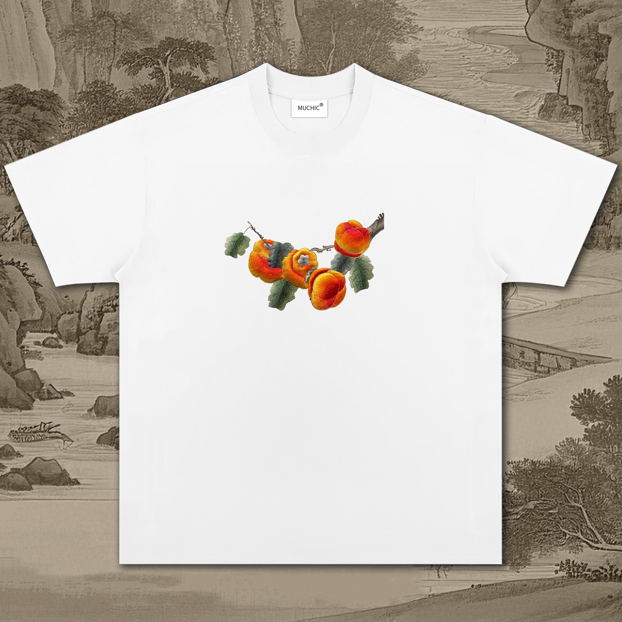 Unisex Intangible Cultural Heritage Persimmon Pattern Embroidered T-shirt (hand embroidery)(duty free)