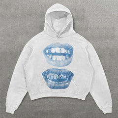 Muchic Casual Mouth Print Long Sleeve Hoodies