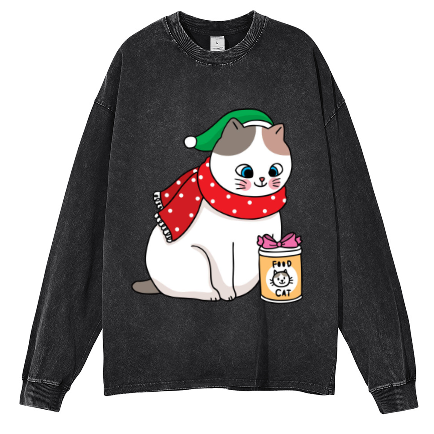 Muchic Cat Food Unisex Casual Washed Printed Round Neck Long Sleeve T-shirt