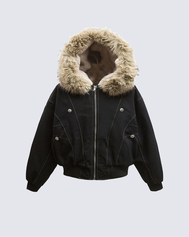 Muchic Unisex Vintage Hooded Fur Collar Jacket