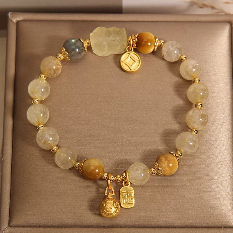 Golden Rutilated Quartz & Tiger Eye Bracelet for Wealth & Confidence