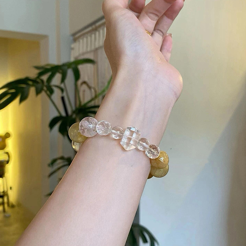 Natural Golden Rutilated Quartz & Clear Yellow Crystal Wealth Bracelet