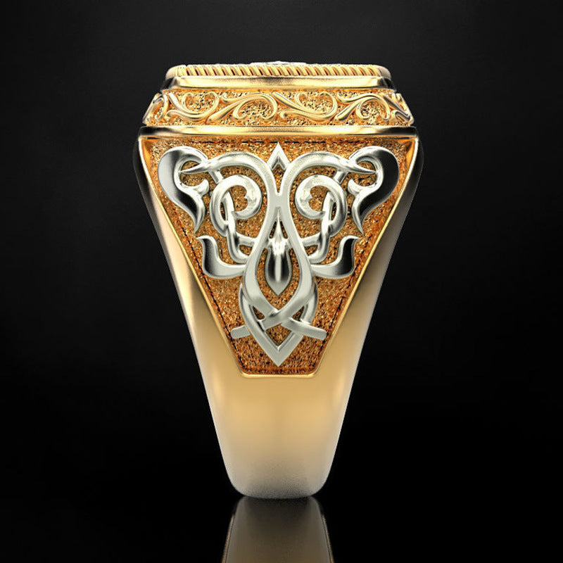 Bold Vintage Signet Ring – Engraved Gold & Black Steel