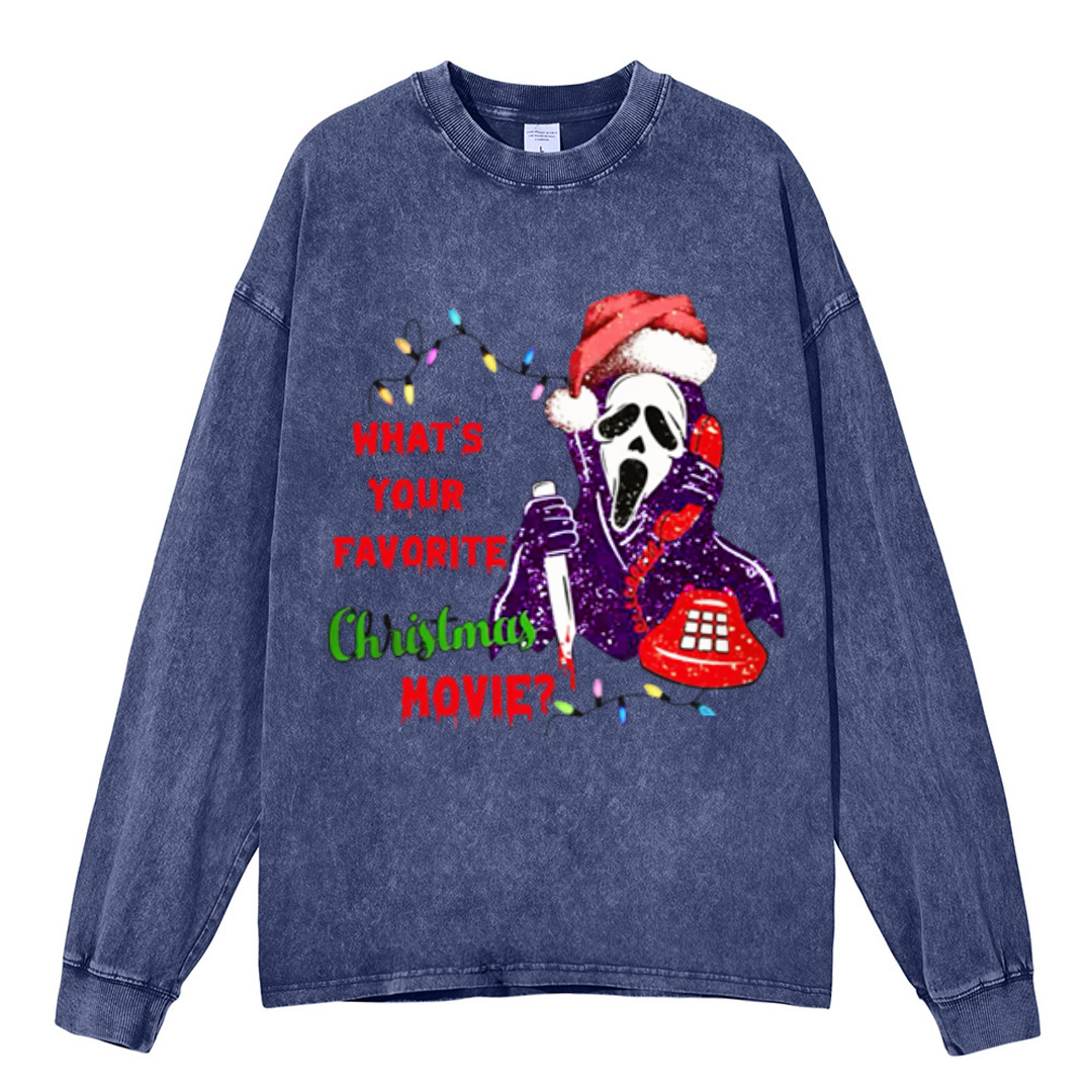 Muchic Christmas Movie Unisex Casual Washed Printed Round Neck Long Sleeve T-shirt