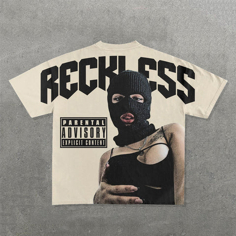 Muchic Reckless Mask Girl Print Short Sleeve T-Shirt