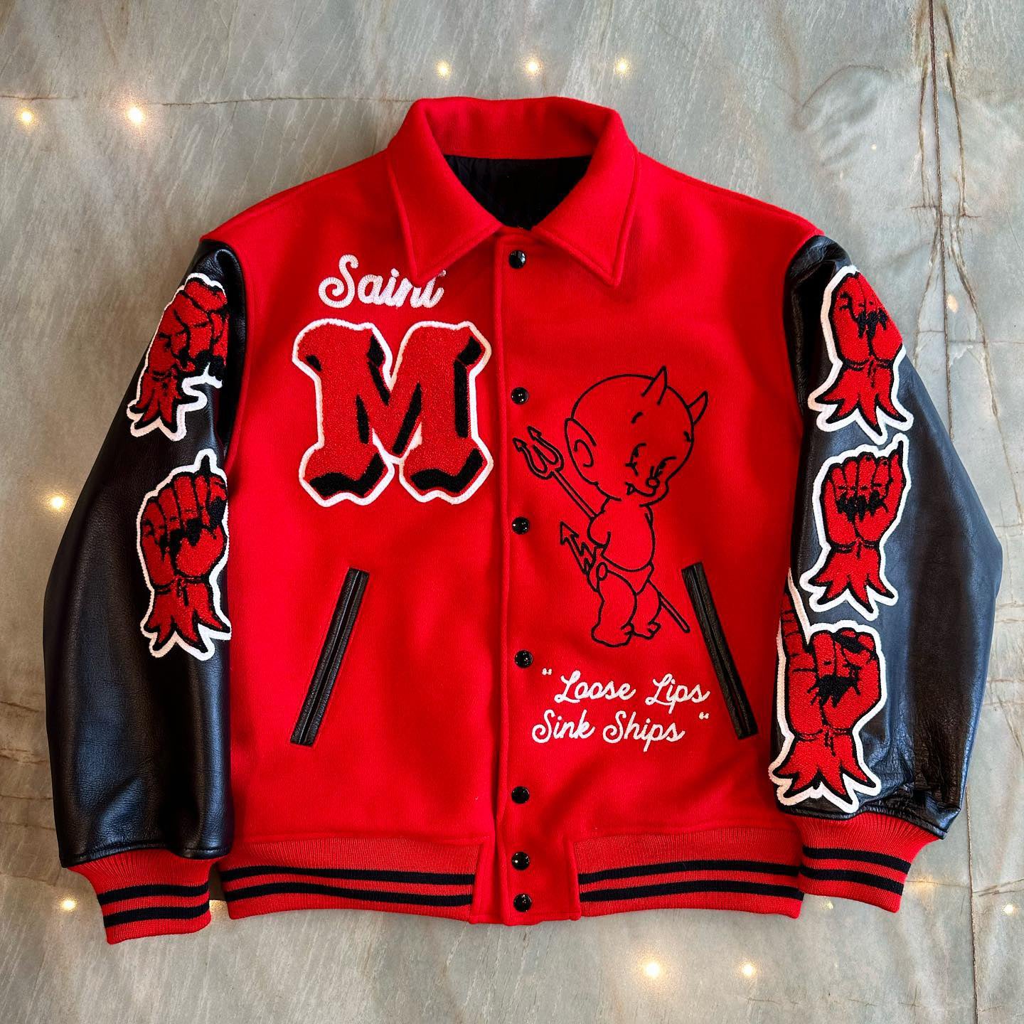 Muchic Devil Embroidered Patchwork Baseball Jacket Red / S Coats & Jackets