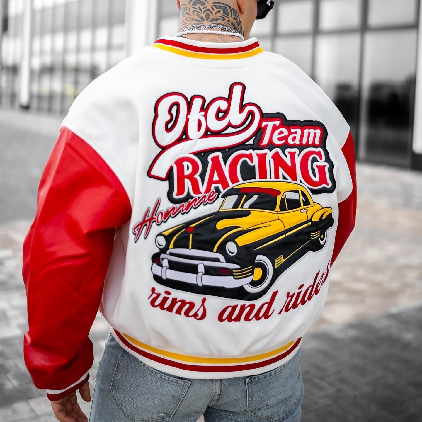 Muchic Retro Classic Car Embroidered Patchwork Baseball Jacket White / S Coats & Jackets