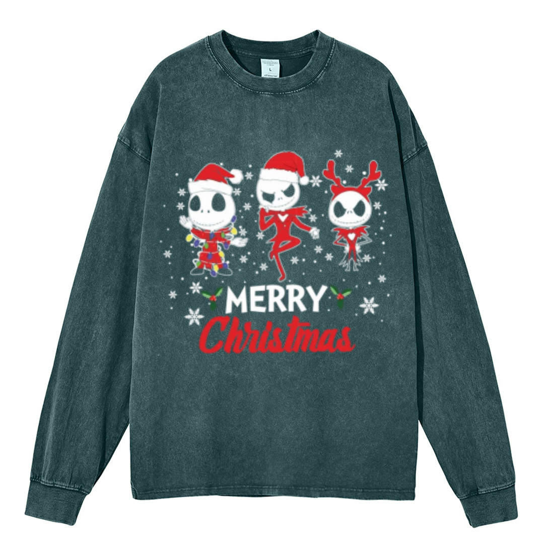 Muchic Merry Christmas Unisex Casual Washed Printed Round Neck Long Sleeve T-shirt