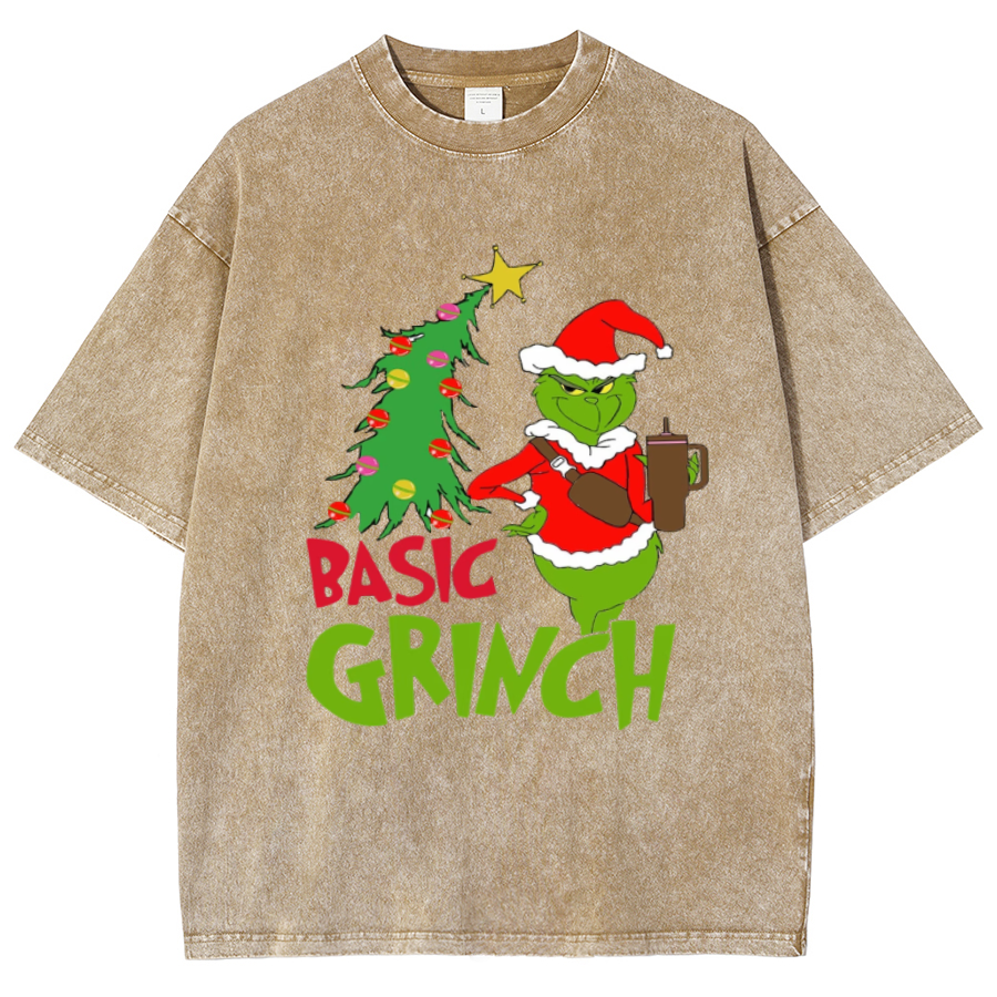 Muchic Basic Grinch Unisex Oversized Print Vintage Wash Denim T-Shirt