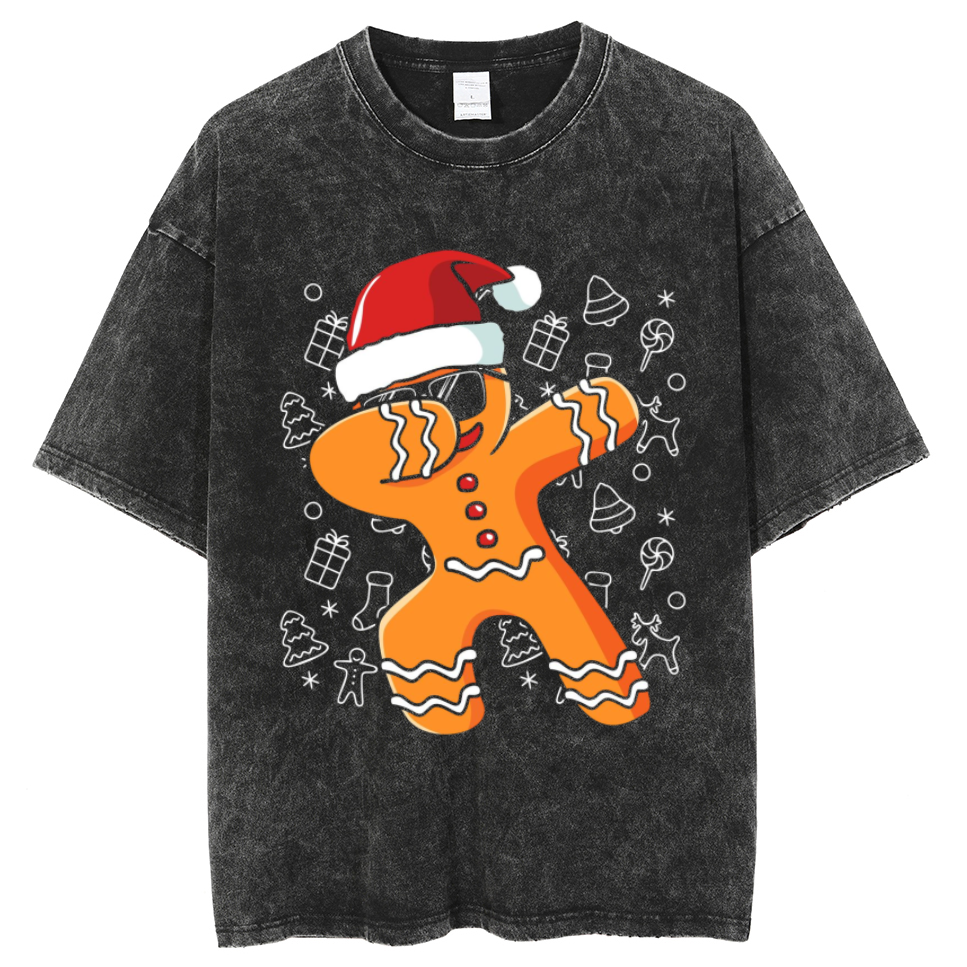 Muchic Gingerbread Man Unisex Oversized Print Vintage Wash Denim T-Shirt