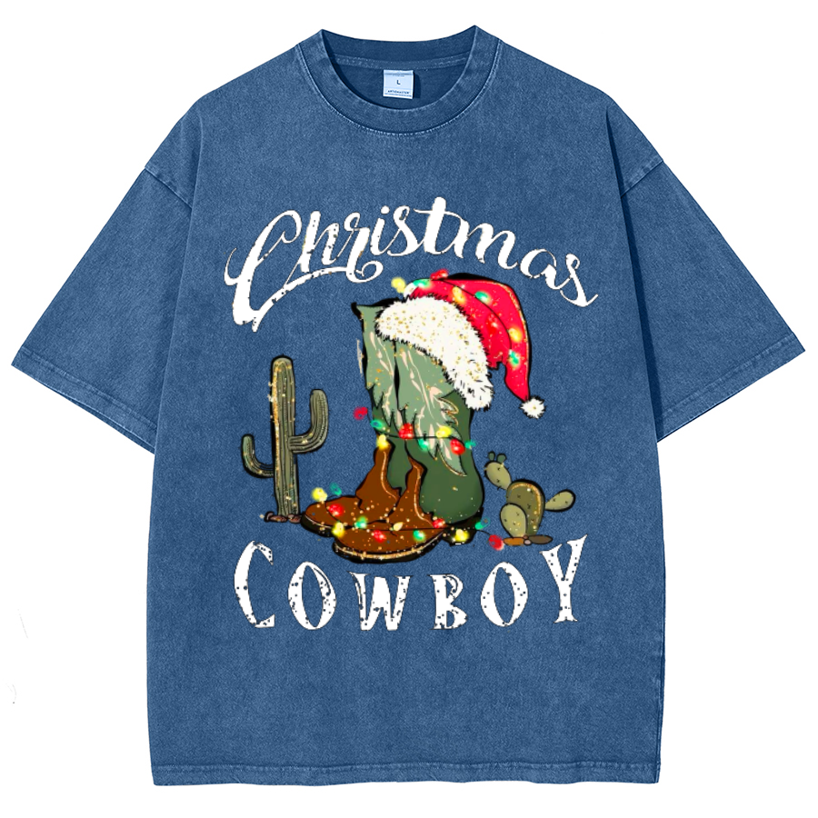 Muchic Christmas Cowboy Unisex Oversized Print Vintage Wash Denim T-Shirt