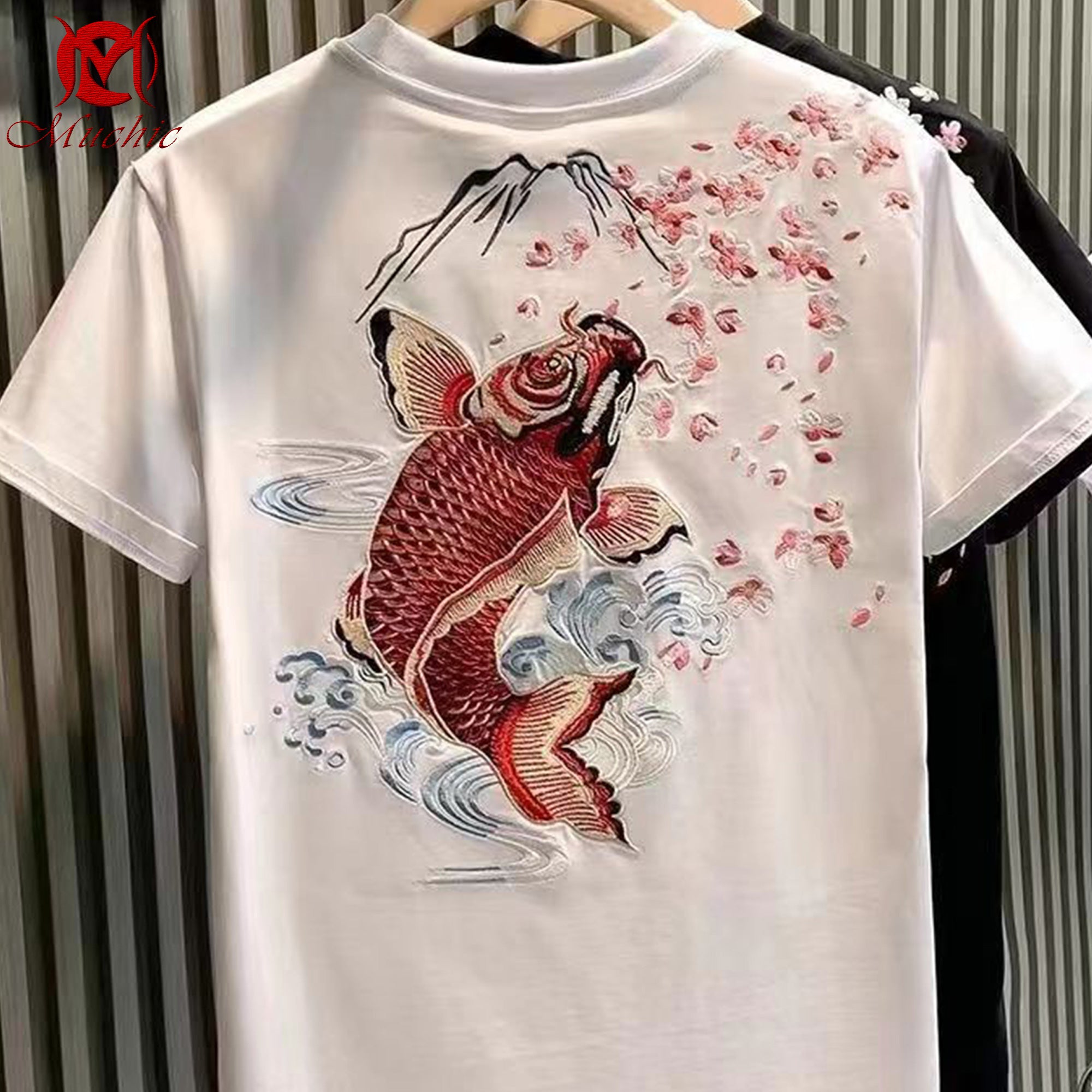 Unisex Intangible Cultural Heritage Goldfish and Cherry Blossom Embroidered T-shirt (Hand-embroidered) (Duty Free)