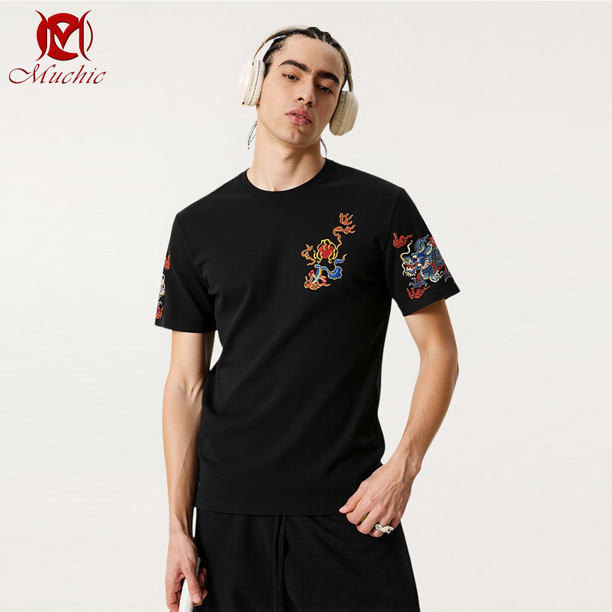 Unisex Intangible Cultural Heritage Green Double Dragon Pattern Embroidered T-shirt(Hand Embroidered) (Duty Free)