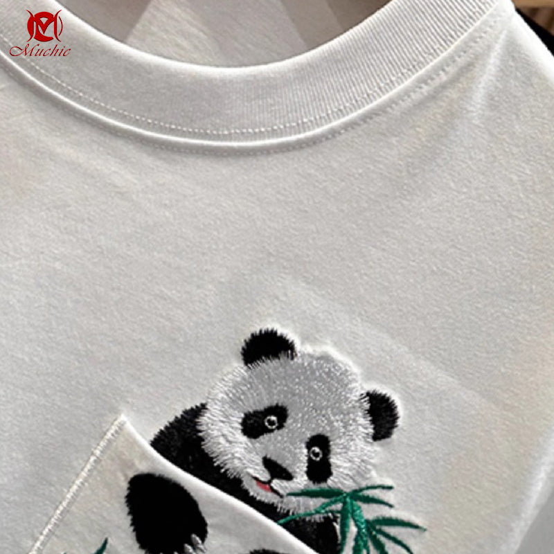 Unisex Intangible Cultural Heritage Panda Embroidery T-shirt(Hand Embroidered) (Duty Free)