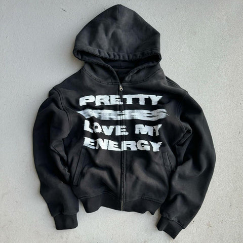 Muchic Pretty B*tch Love My Energy Print Long Sleeve Zipper Hoodies