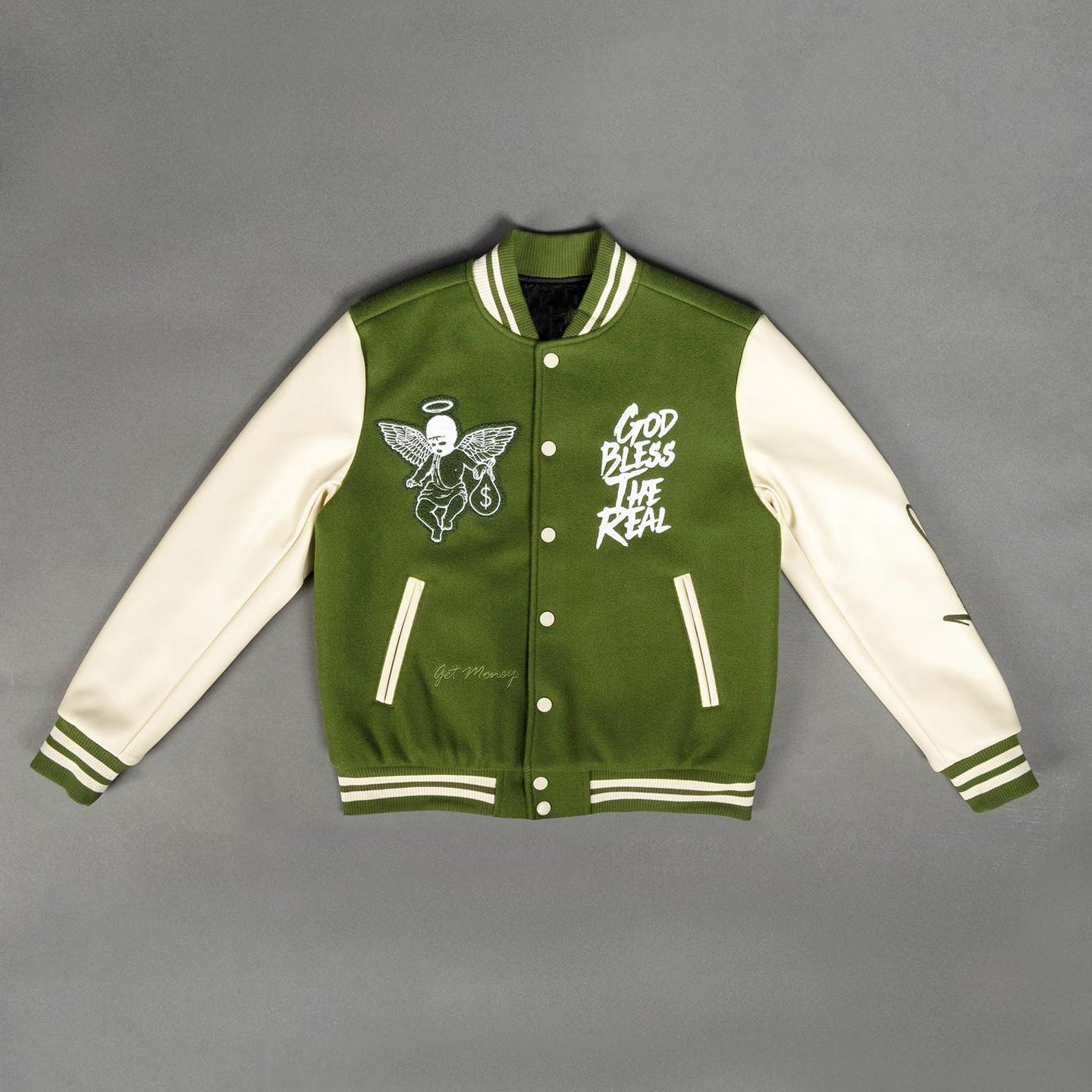 Muchic Angel Embroidered Patchwork College Baseball Jacket Green / S Coats & Jackets