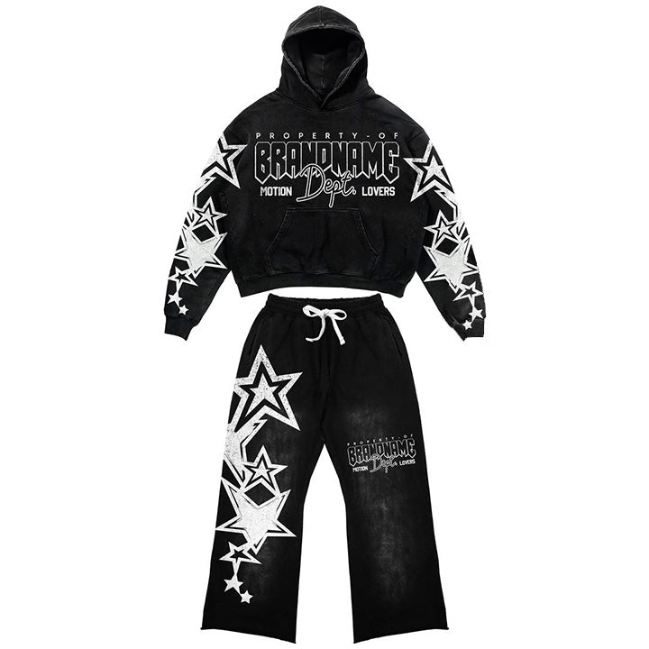 Muchic Unisex Star and Letter Print Hooded Long Sleeve Sweatshirt Set