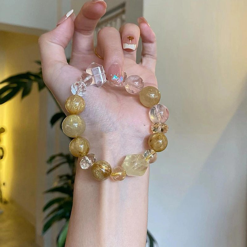 Natural Golden Rutilated Quartz & Clear Yellow Crystal Wealth Bracelet