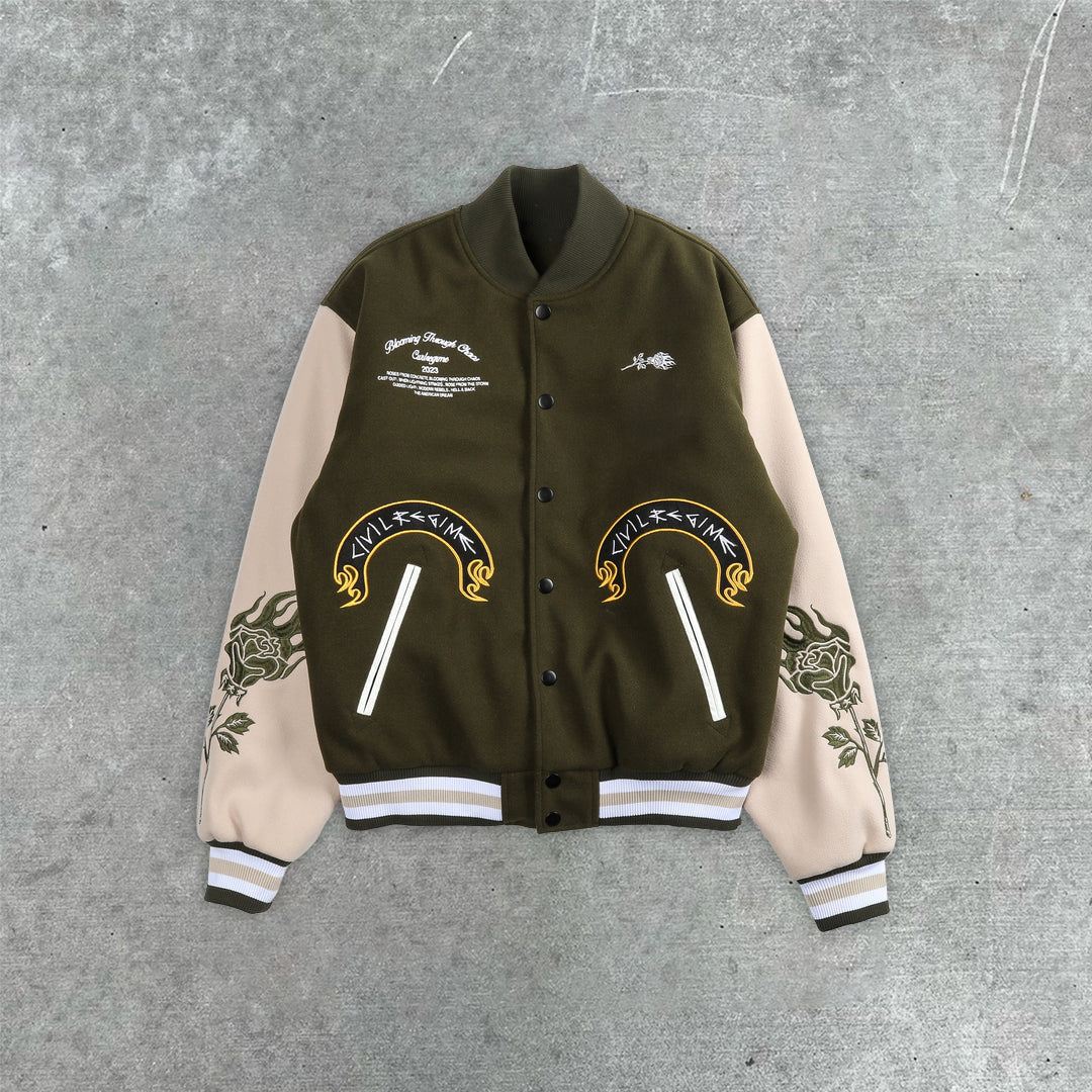 Muchic Rose Flower Embroidered Casual Street Baseball Jacket Dark_Green / S Coats & Jackets