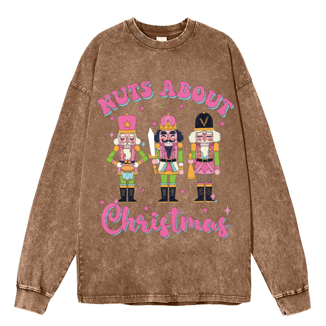 Muchic Nuts About Christmas Unisex Casual Washed Printed Round Neck Long Sleeve T-shirt