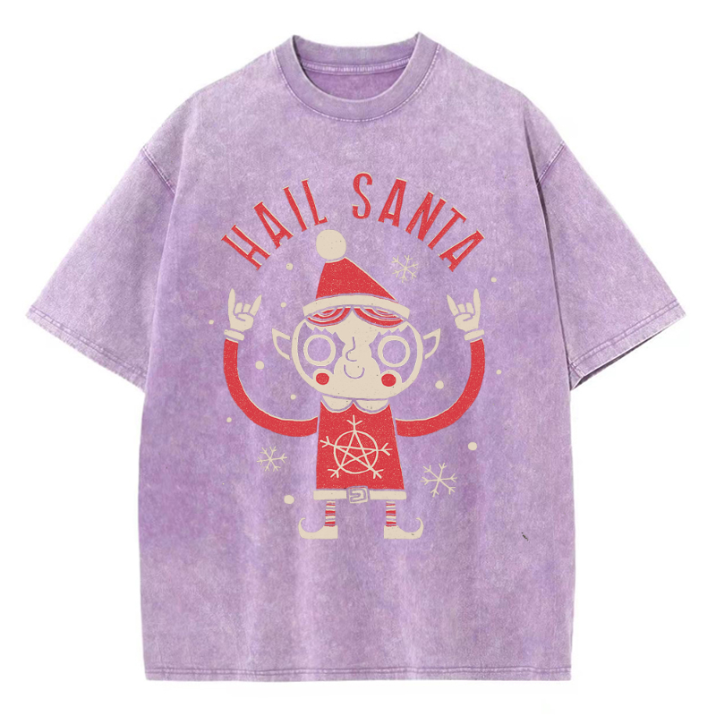 Muchic Unisex Hail Santa Printed Retro Washed Short Sleeved T-Shirt