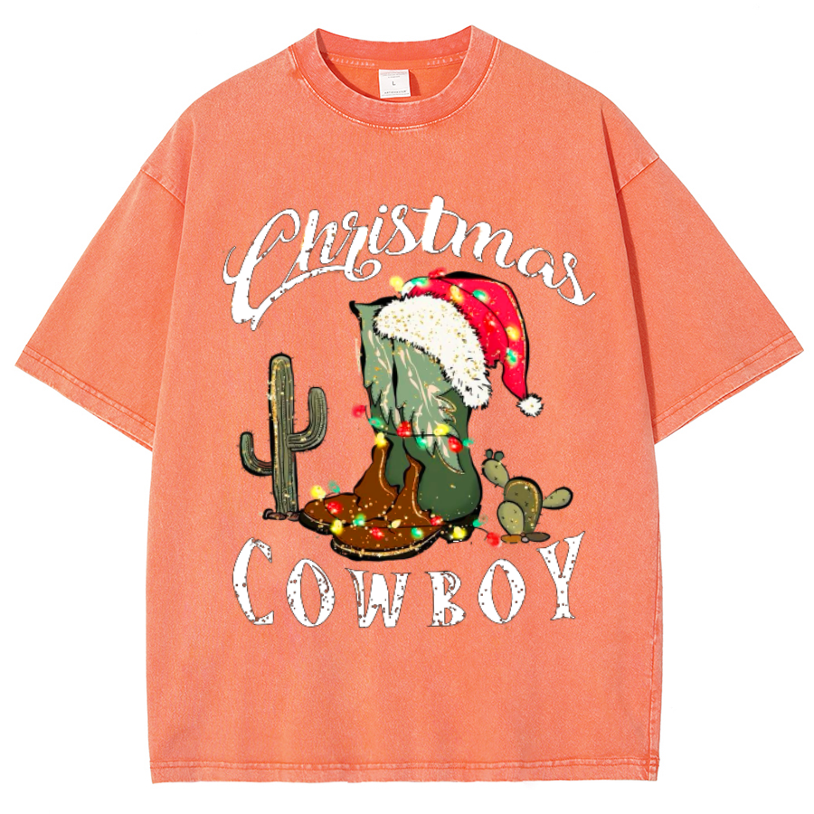 Muchic Christmas Cowboy Unisex Oversized Print Vintage Wash Denim T-Shirt