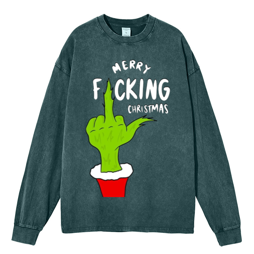 Muchic Merry Fucking Christmas Unisex Casual Washed Printed Round Neck Long Sleeve T-shirt