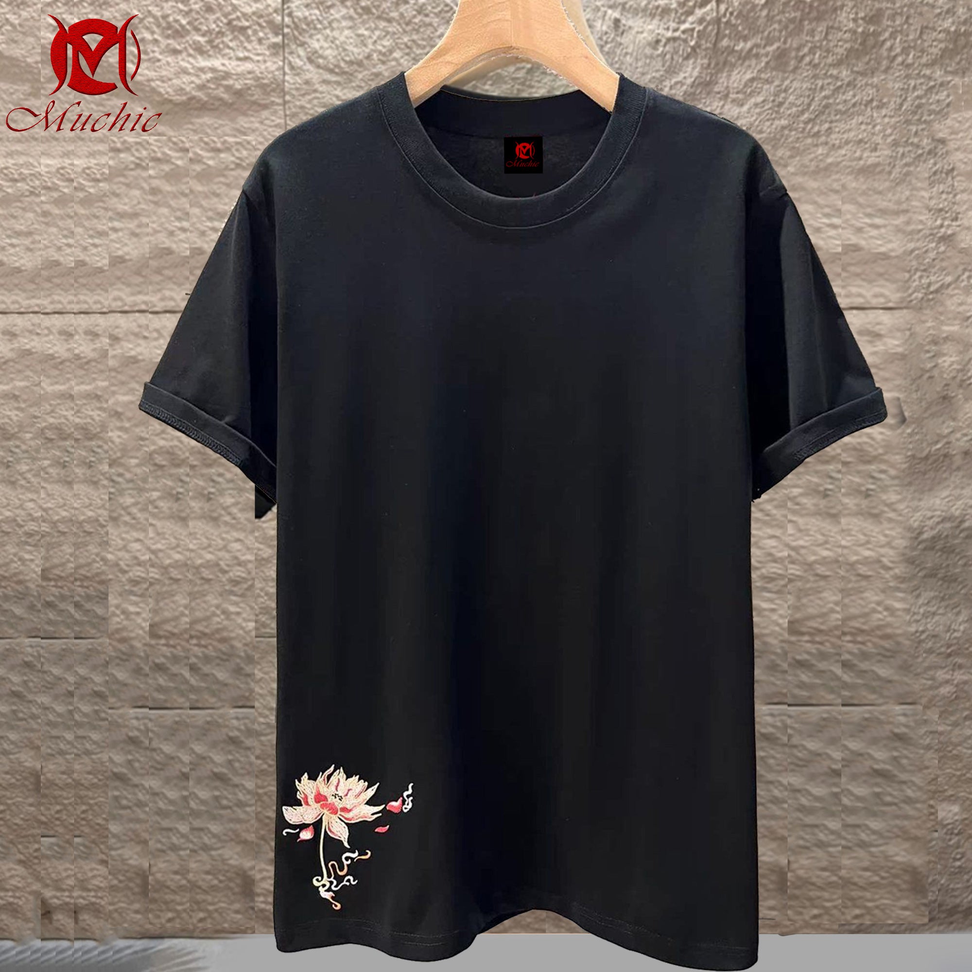 Unisex Intangible Cultural Heritage Double Phoenix Lotus Embroidery Print T-shirt (Hand Embroidery) (Duty Free)