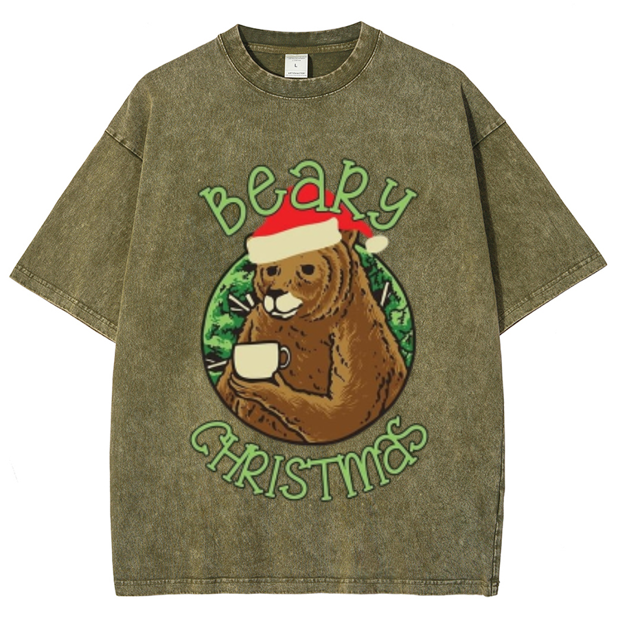 Muchic Beary Christmas Unisex Oversized Print Vintage Wash Denim T-Shirt