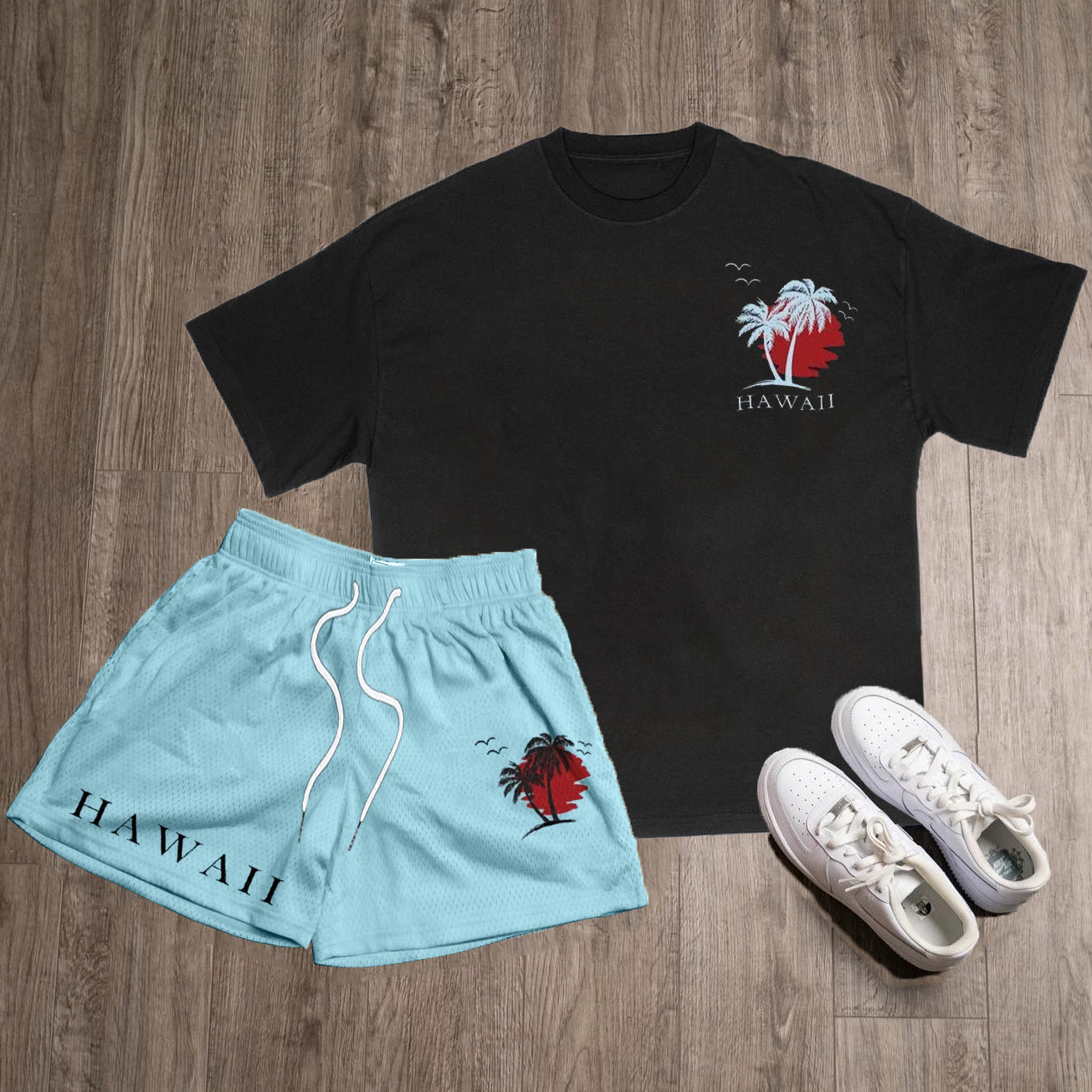 Muchic Hawaii Print T-Shirt Shorts Two-Piece Set