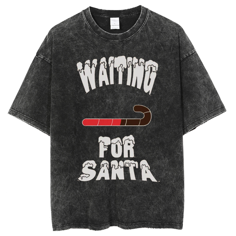 Muchic Unisex Waiting For Santa Printed Retro Washed Short Sleeved T-Shirt