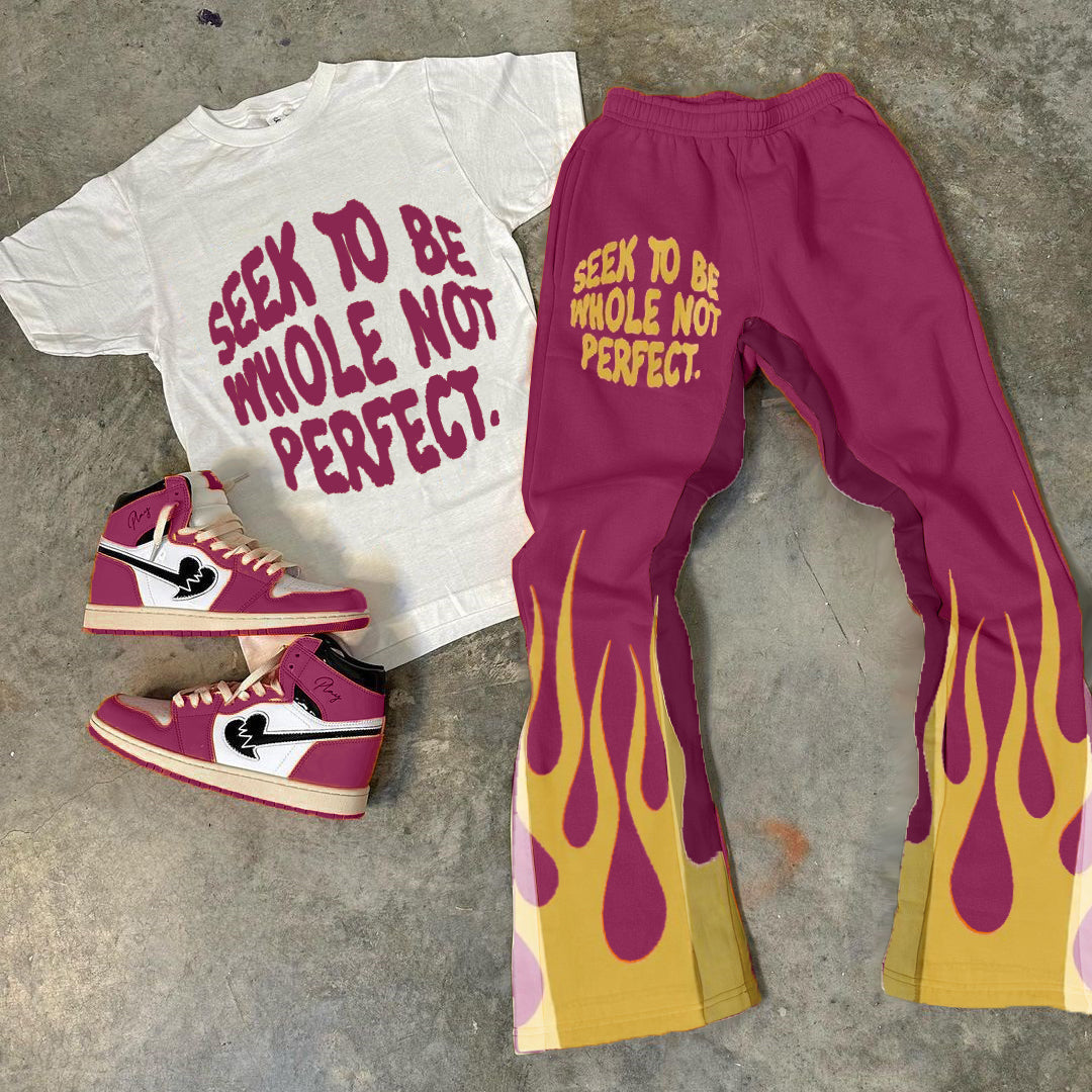 Muchic Flame & Letters Print T-Shirt Trousers Two-Piece Set